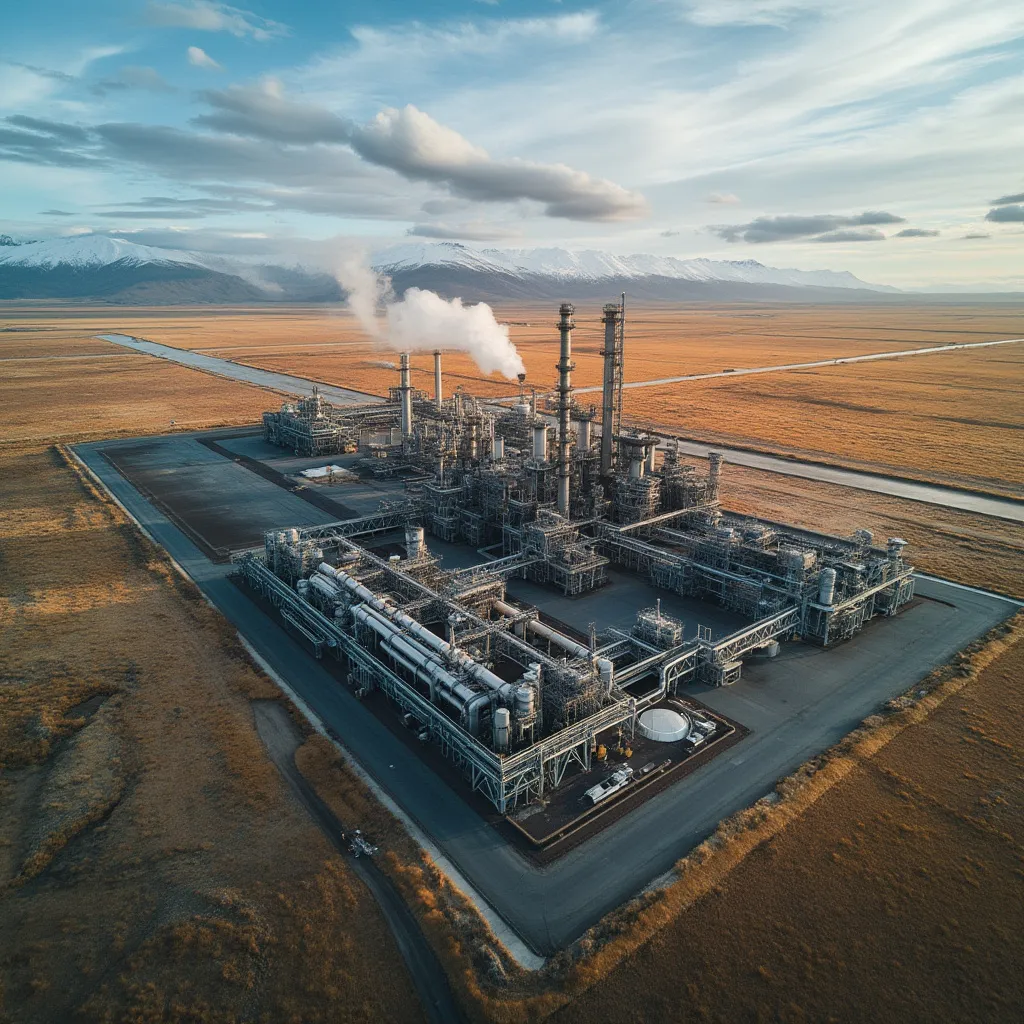 Vista panorámica de una instalación de procesamiento de gas natural en la Patagonia.