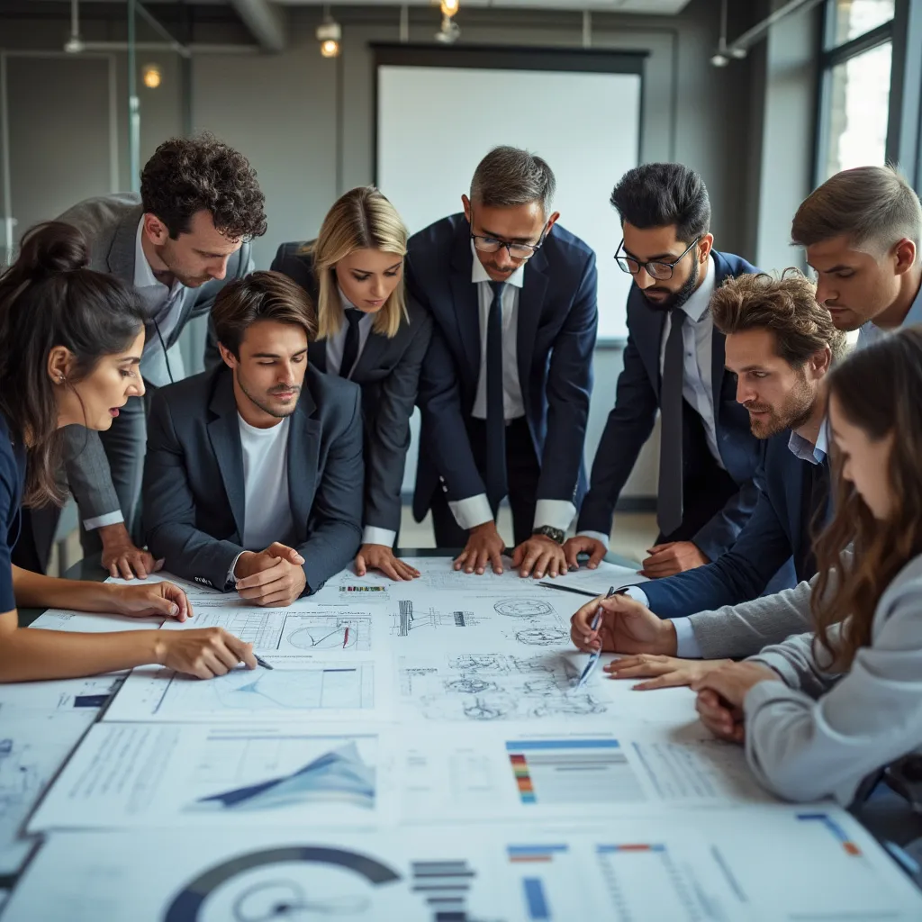 Equipo discutiendo planos en una oficina técnica